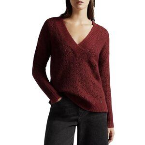 New Ted Baker V Neck Open Knit Size 3 US 8 Burgundy Red Sweater $260